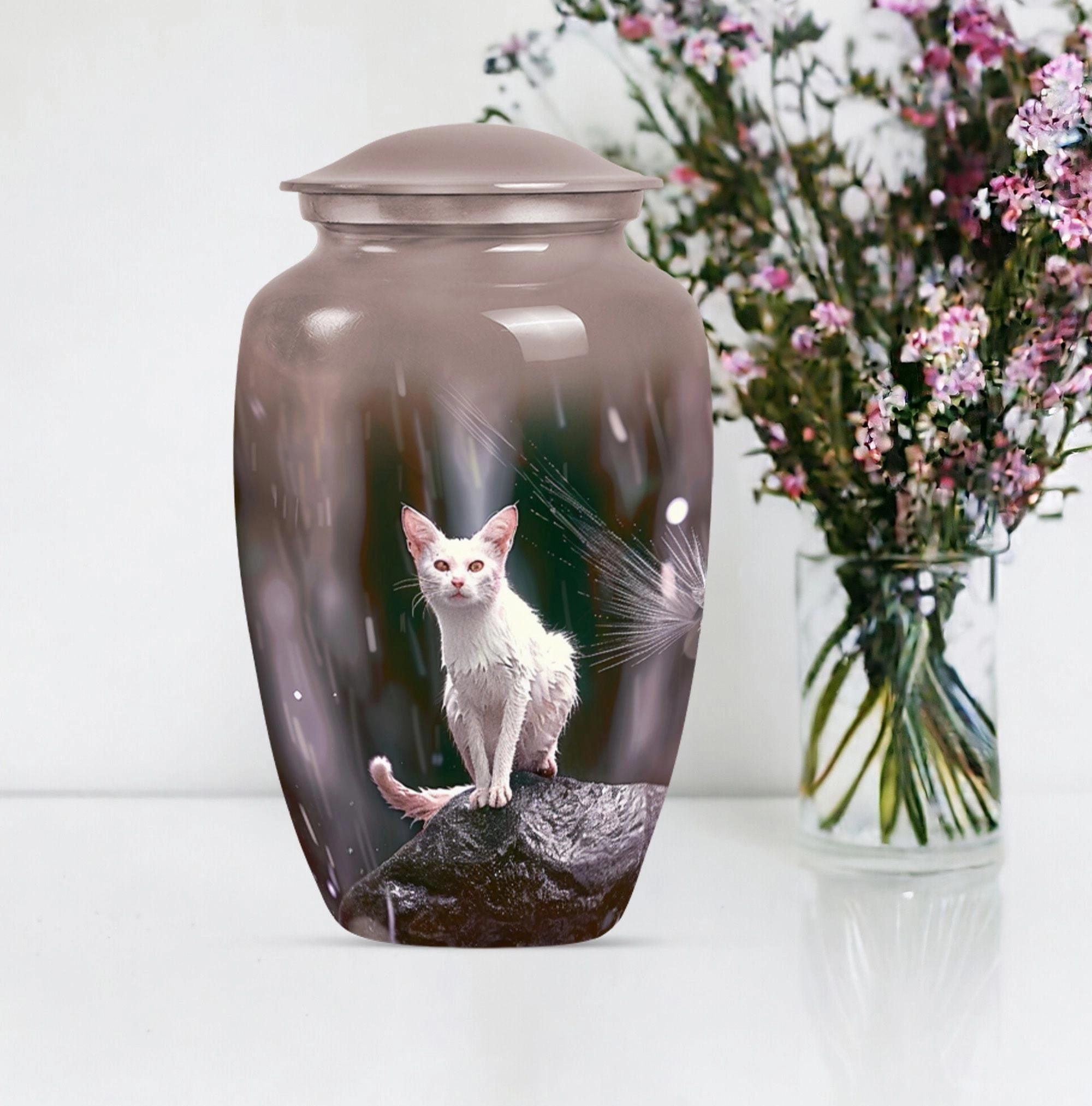 Abstract White Cat Memorial Urn, Tribute for Loved Ones