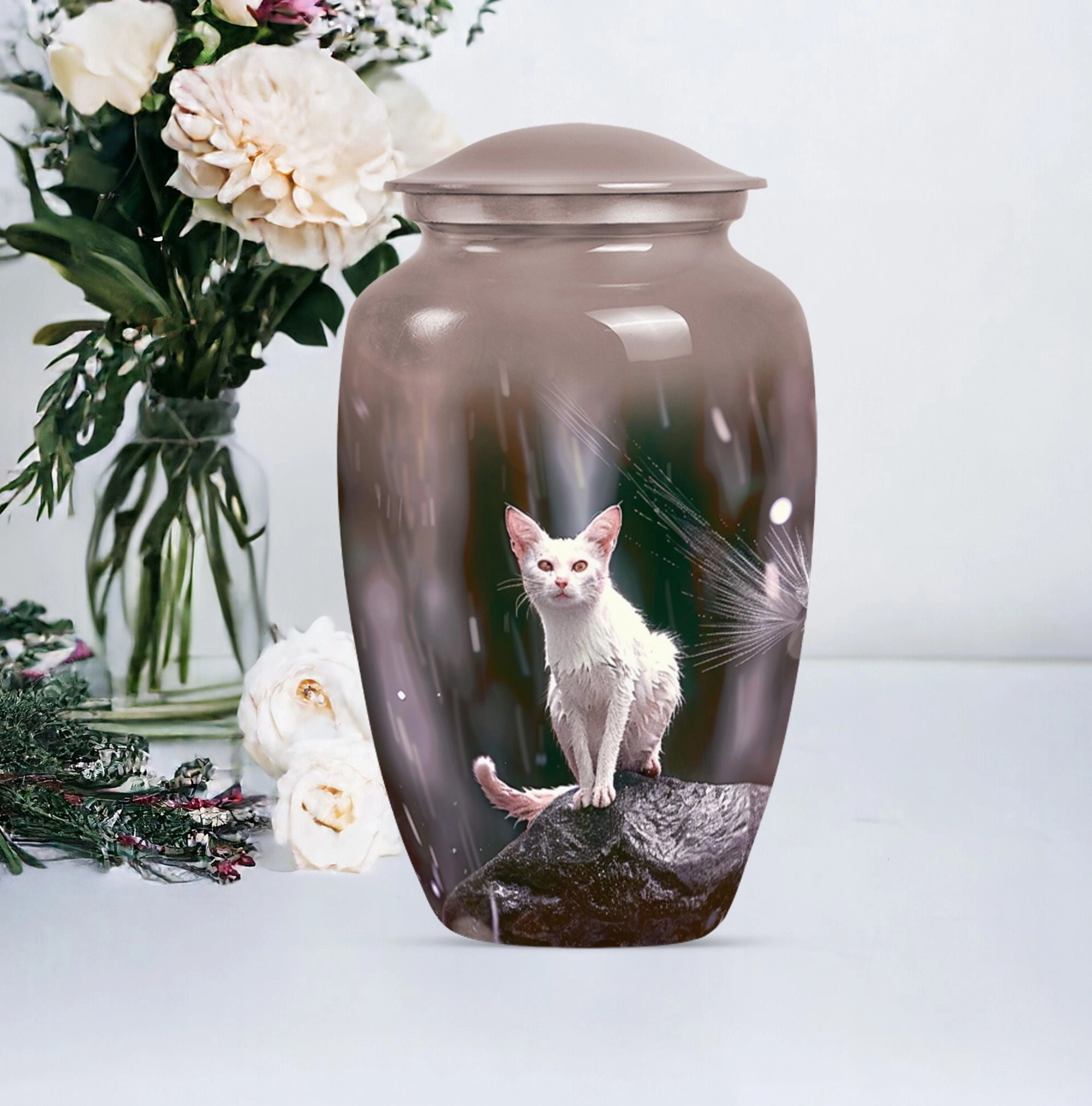 Abstract White Cat Memorial Urn, Tribute for Loved Ones