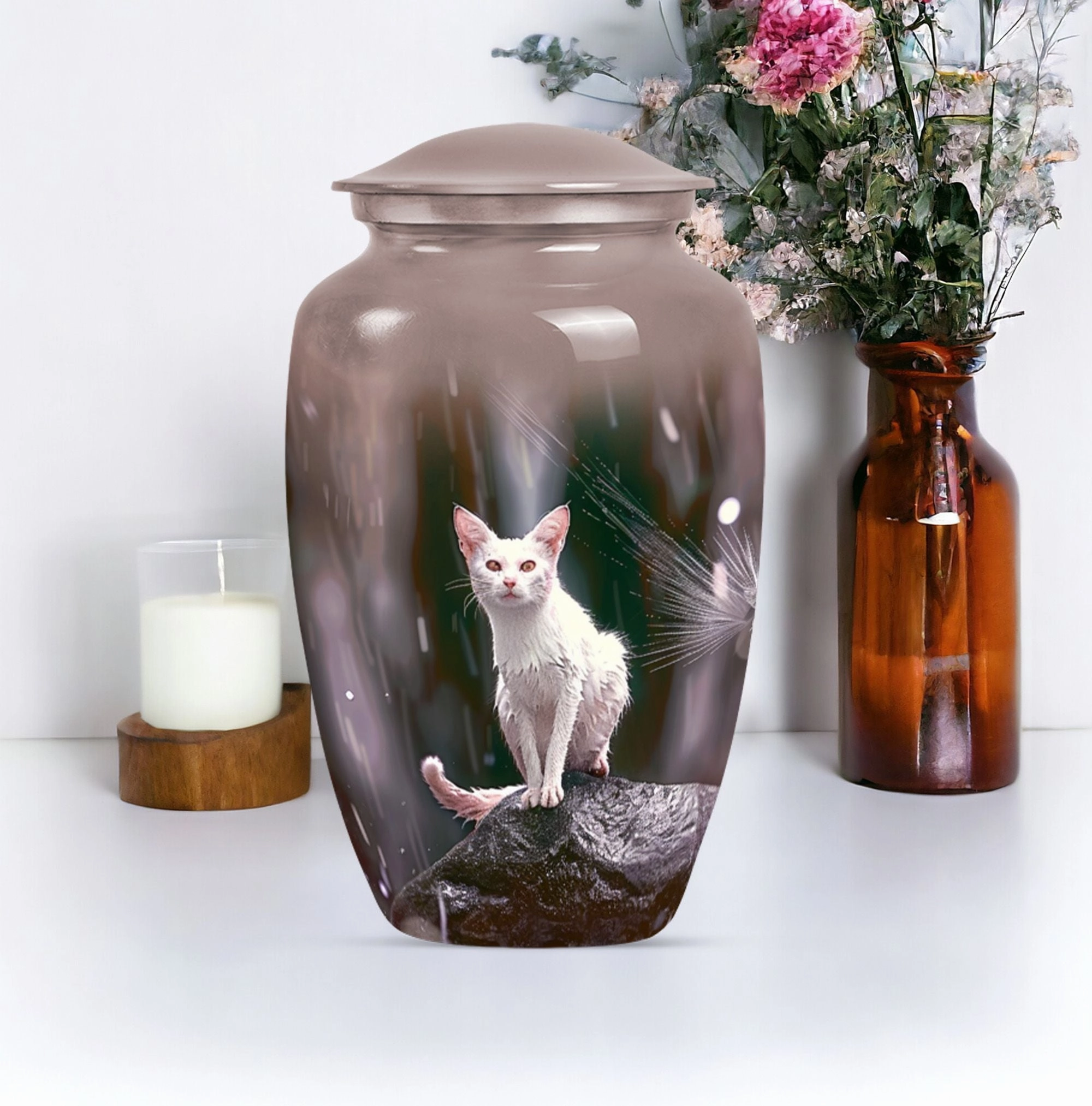 Abstract White Cat Memorial Urn, Tribute for Loved Ones