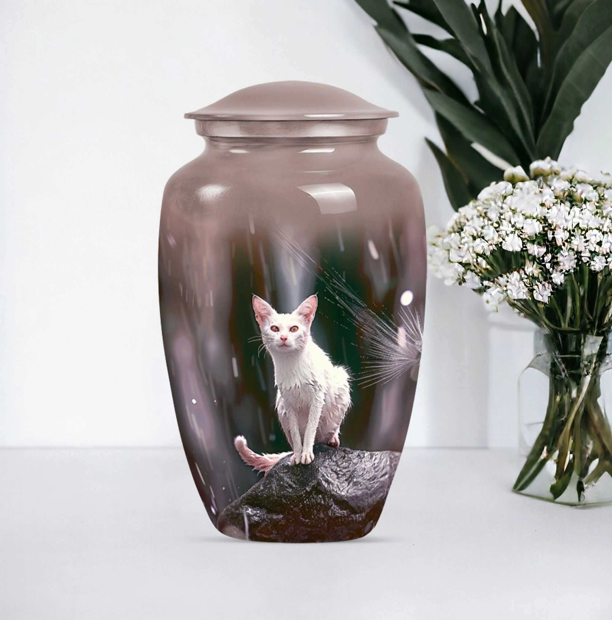 Abstract White Cat Memorial Urn, Tribute for Loved Ones