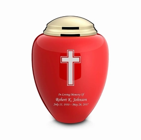 Adult Tribute Red & Shiny Brass Simple Cross Cremation Urn