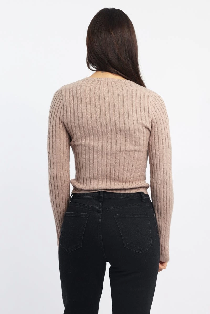 Beige Cable Knit Top Long Sleeve