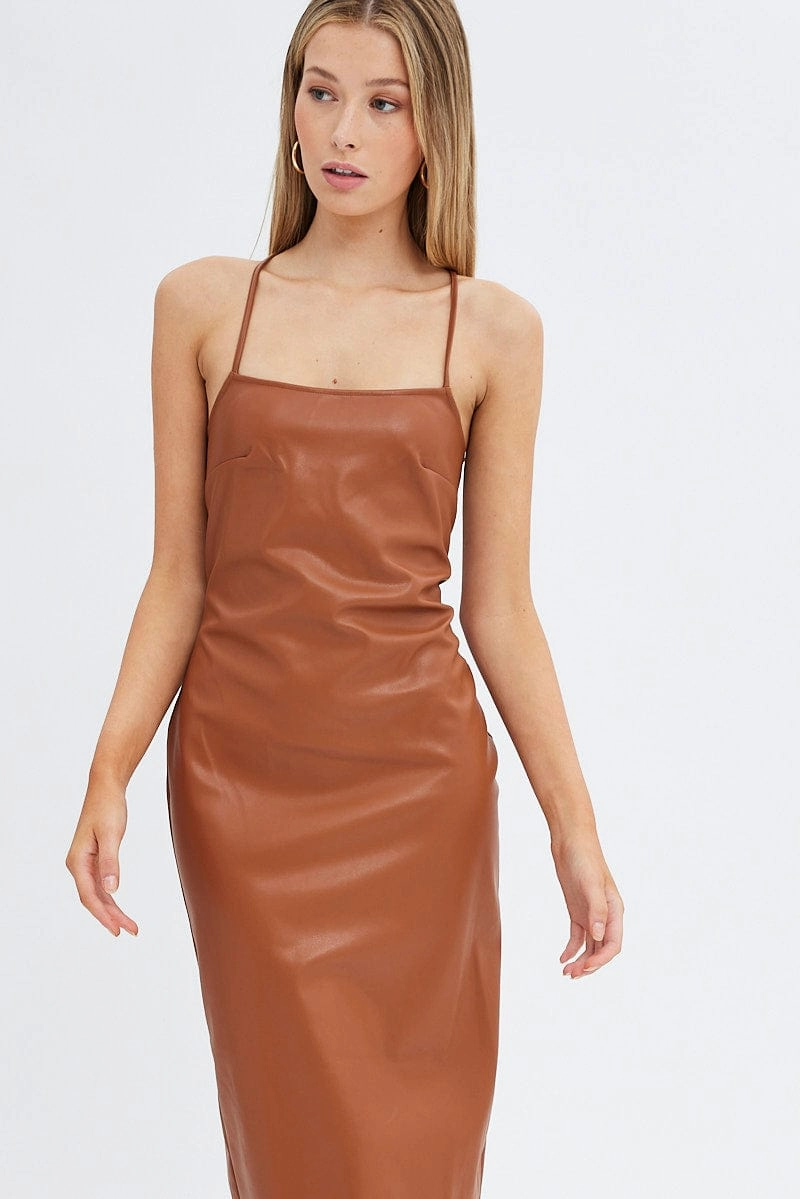 Beige Faux Leather Dress Sleeveless Scoop Neck Midi