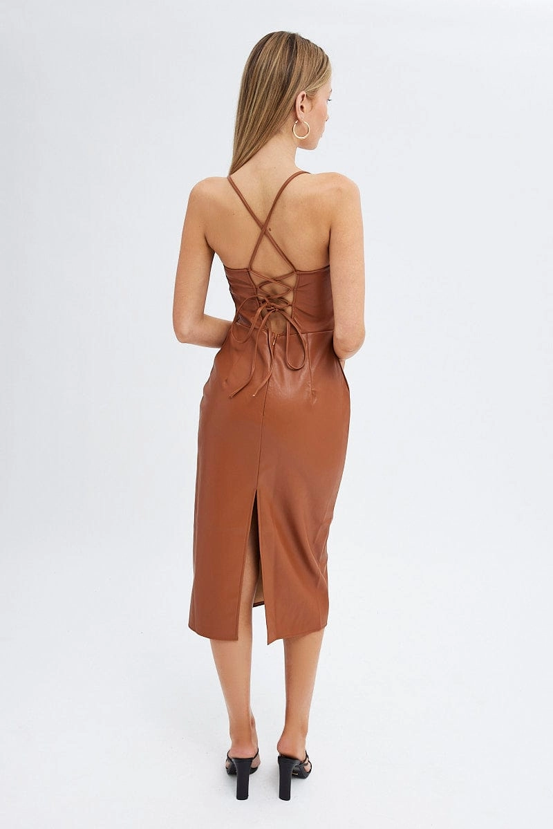 Beige Faux Leather Dress Sleeveless Scoop Neck Midi