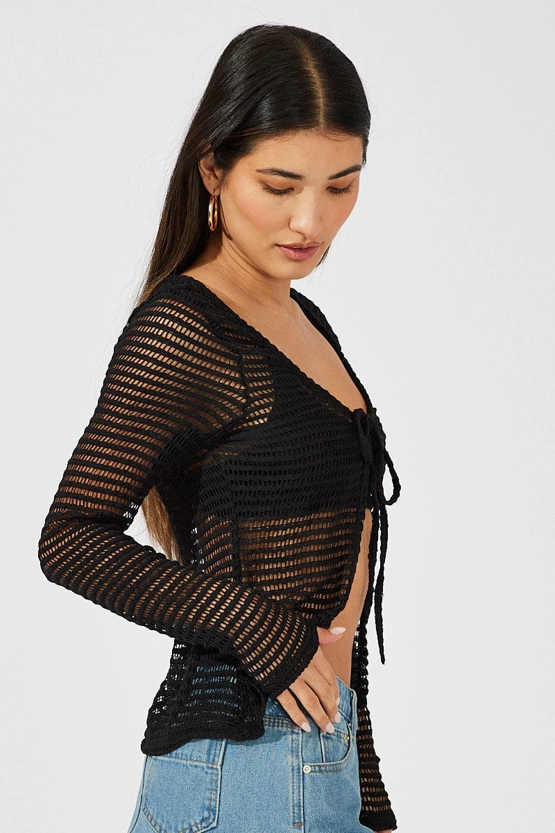 Black Bolero Top Long Sleeve Front Tie