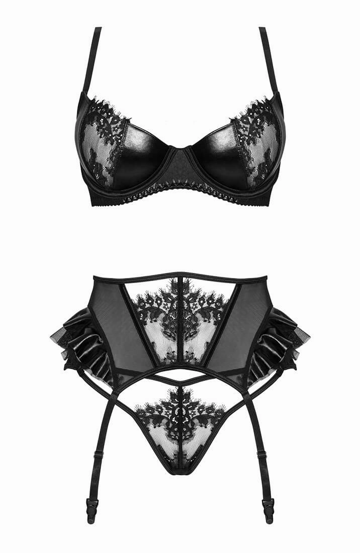 Black crotchless wet look X lace lingerie set - Rhea