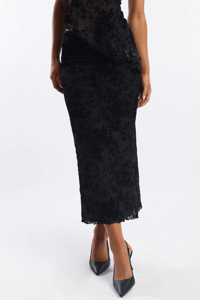 Black Floral Burnout Skirt Elasticated Picot Trim Midaxi