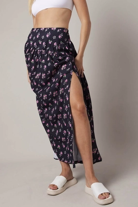 Black Floral Maxi Skirt Bouquet Ditsy Side Split Skirt