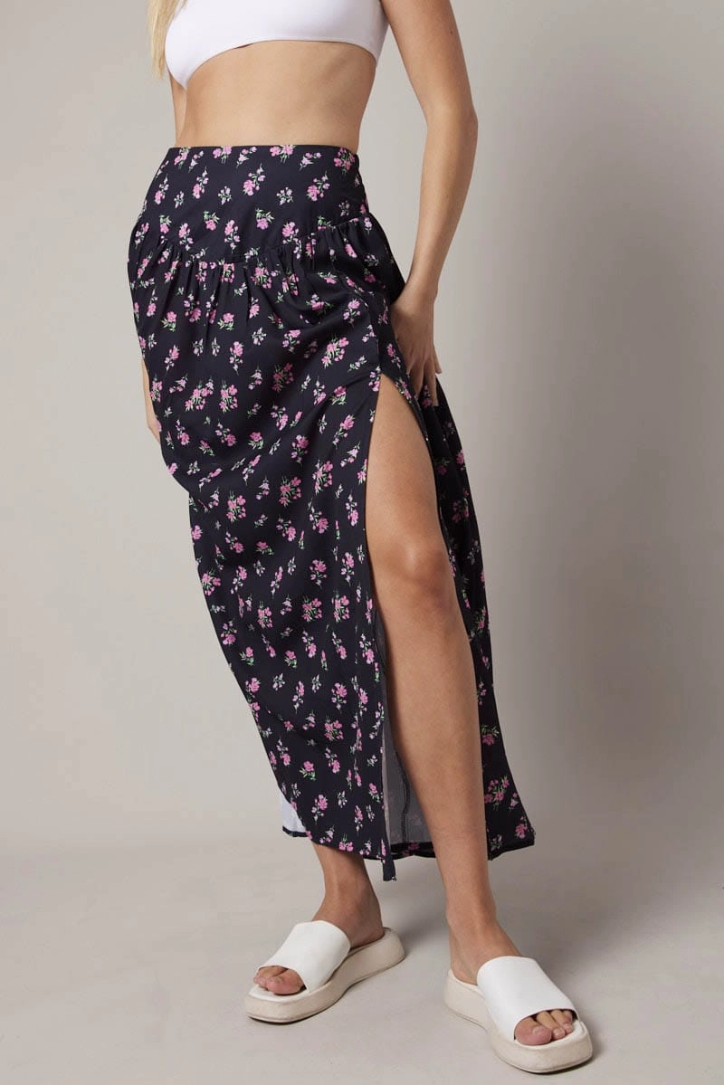 Black Floral Maxi Skirt Bouquet Ditsy Side Split Skirt