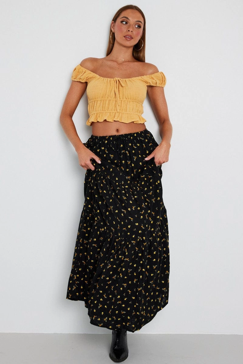 Black Floral Maxi Skirt Elasticated Waist