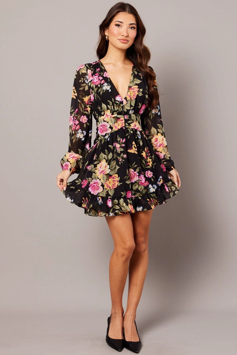 Black Floral Skater Dress Balloon Sleeve Ruffle Frill Dress