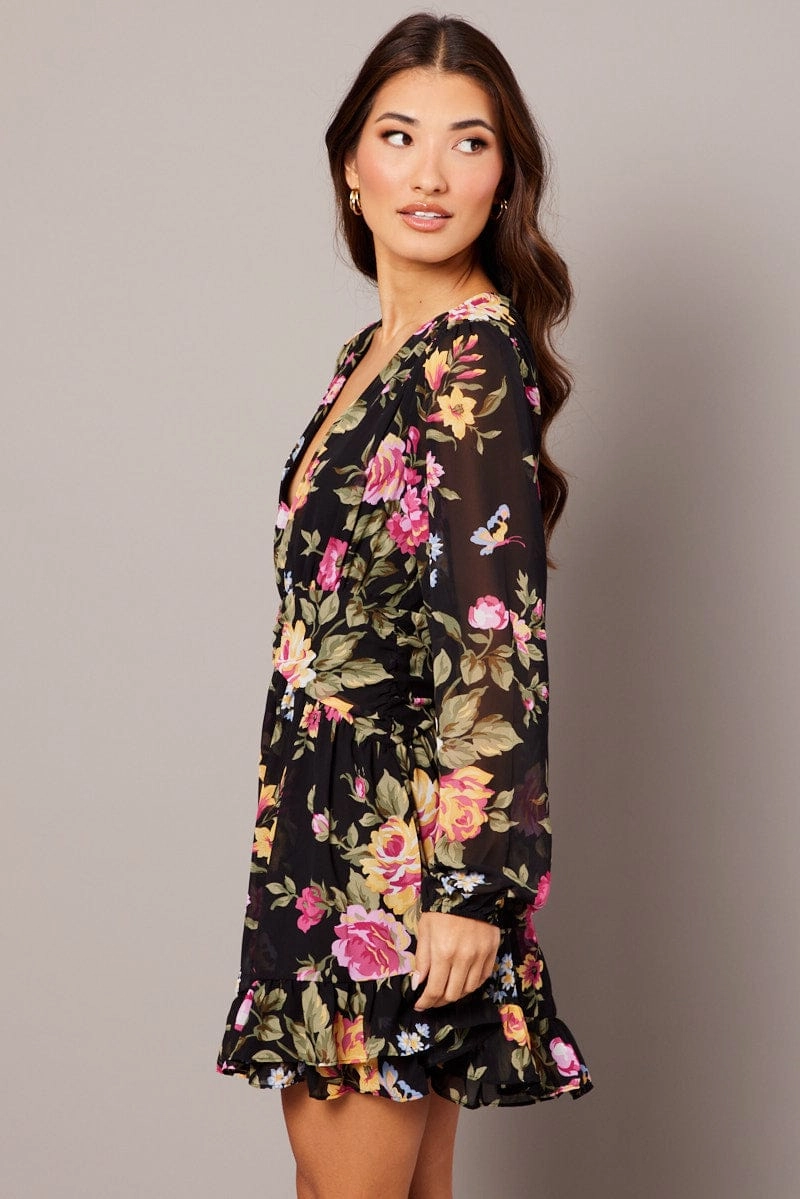 Black Floral Skater Dress Balloon Sleeve Ruffle Frill Dress