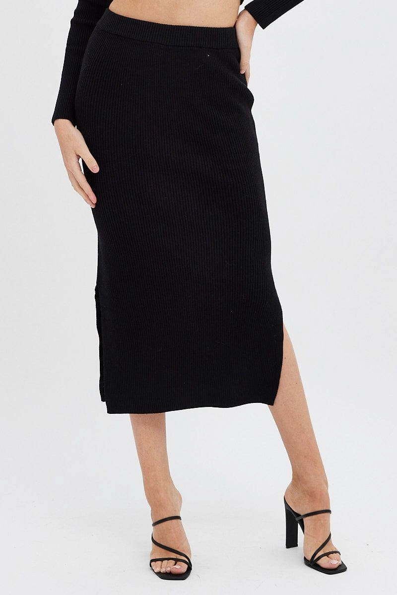 Black Knit Skirt High Rise Ribbed Midi