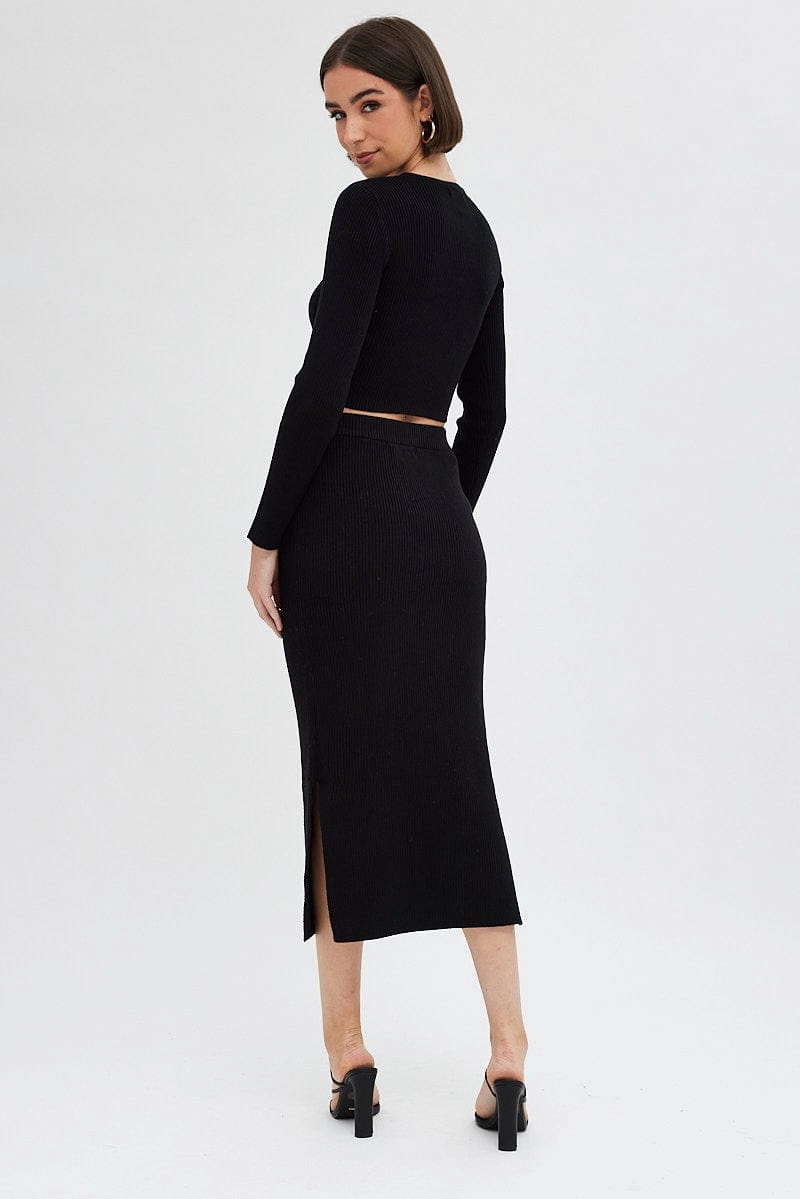 Black Knit Skirt High Rise Ribbed Midi