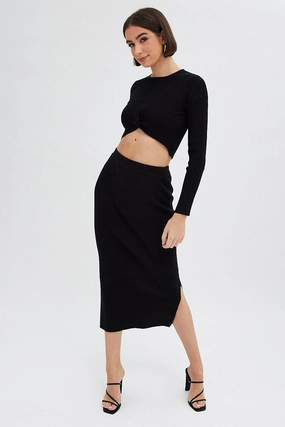 Black Knit Skirt High Rise Ribbed Midi