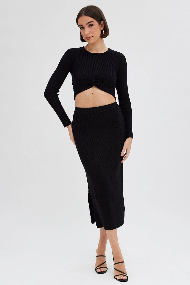 Black Knit Skirt High Rise Ribbed Midi