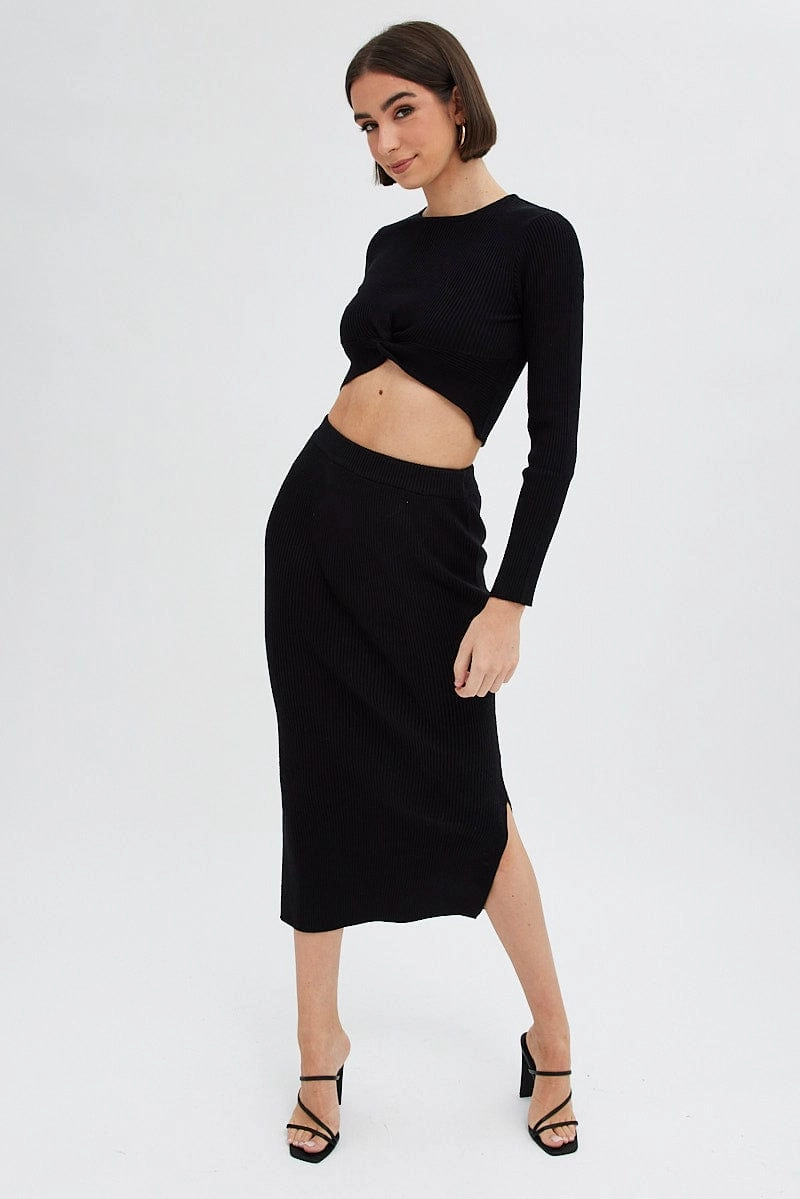 Black Knit Skirt High Rise Ribbed Midi