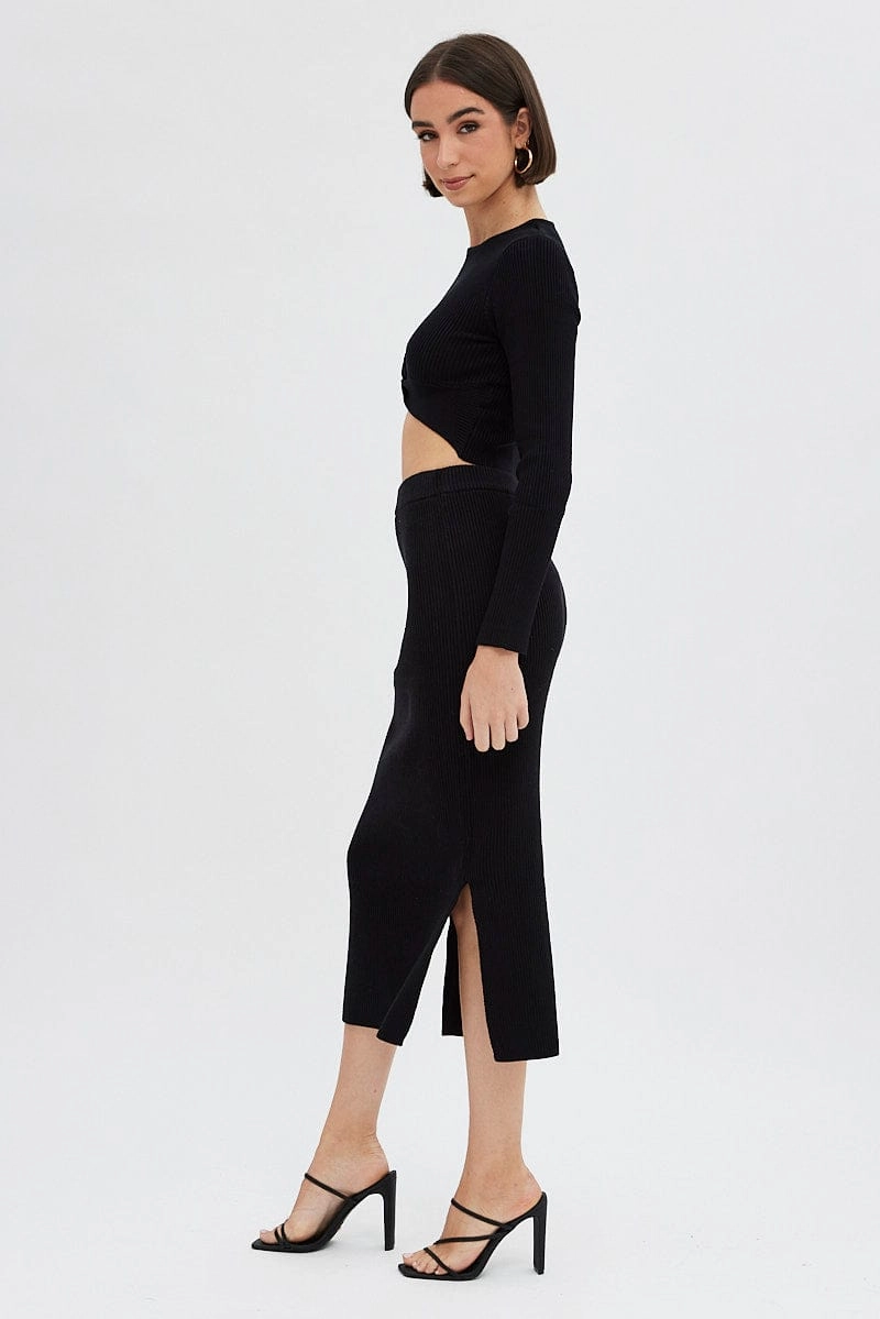 Black Knit Skirt High Rise Ribbed Midi