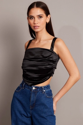 Black Satin Tie Back Top