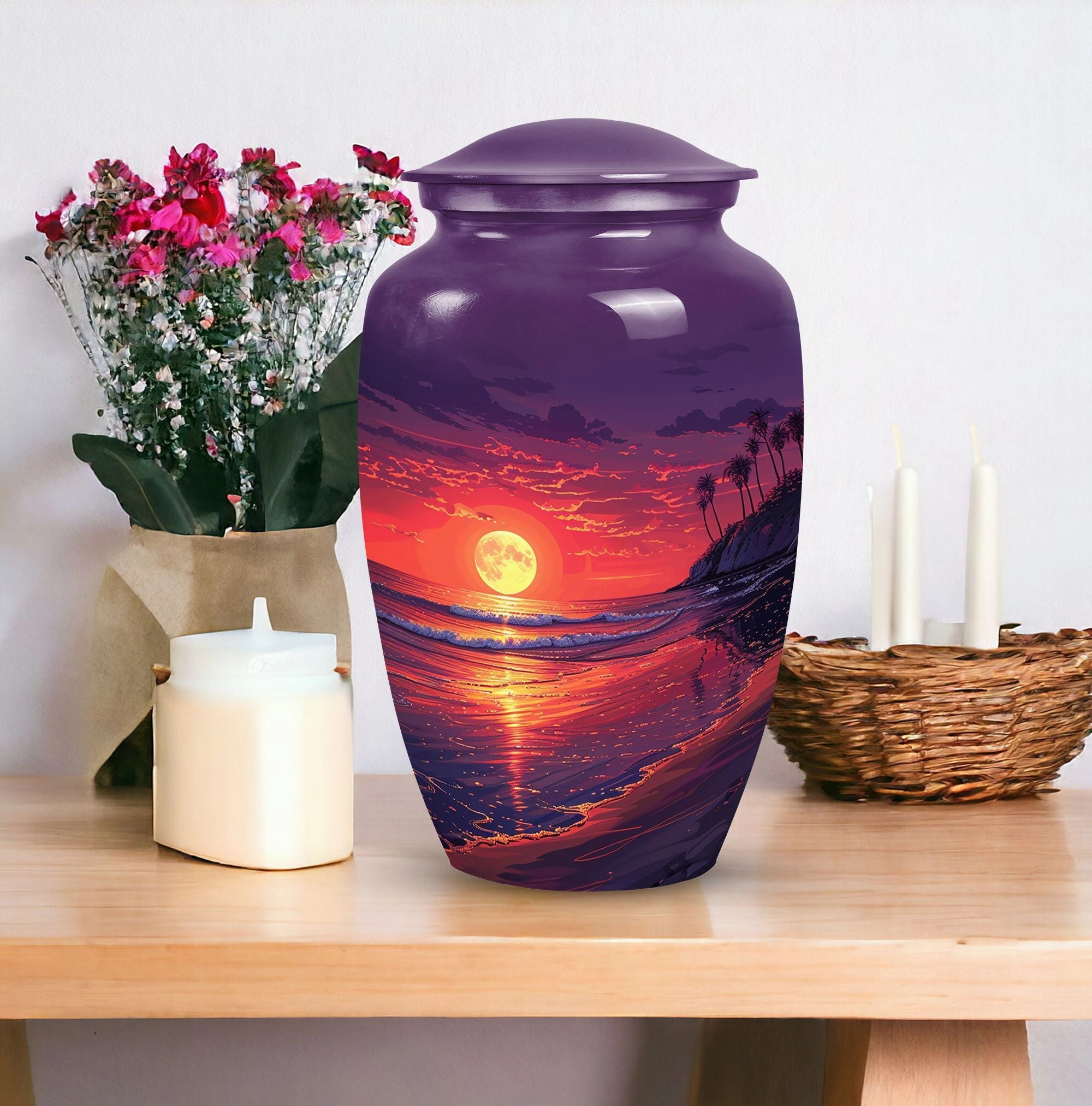Blue Beach Funeral Urn: Large Ashes Holder for Adults