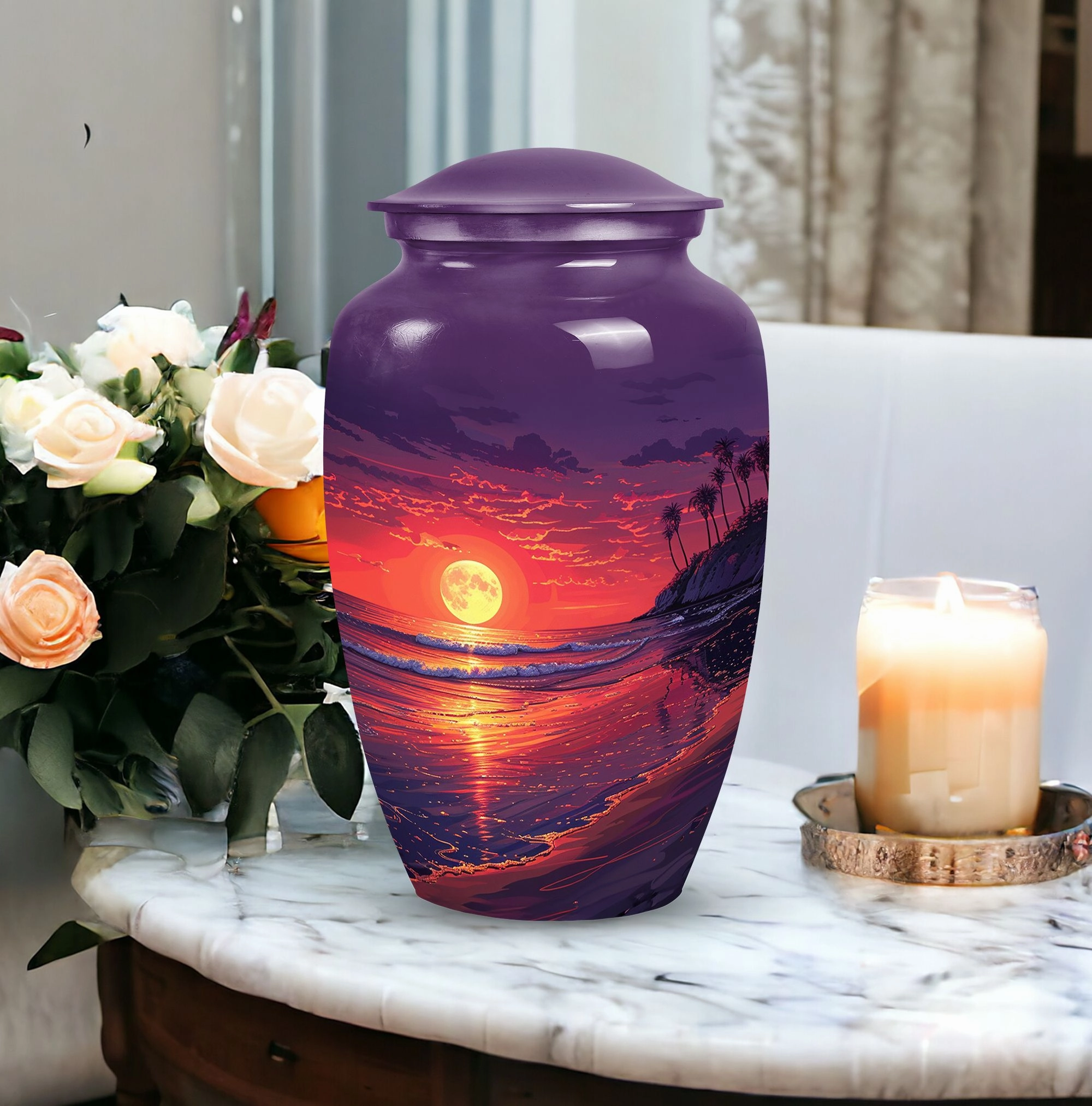 Blue Beach Funeral Urn: Large Ashes Holder for Adults