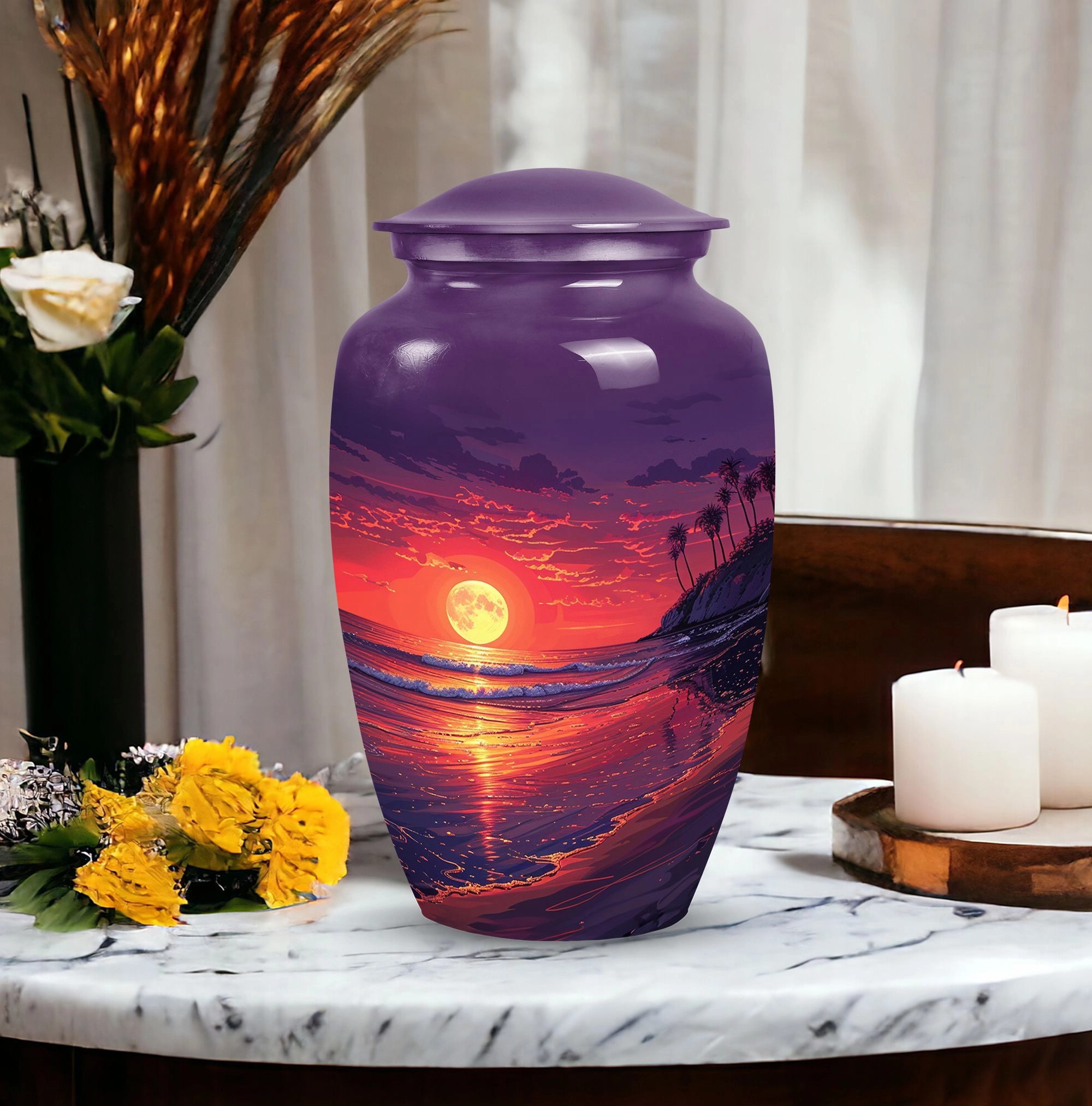 Blue Beach Funeral Urn: Large Ashes Holder for Adults