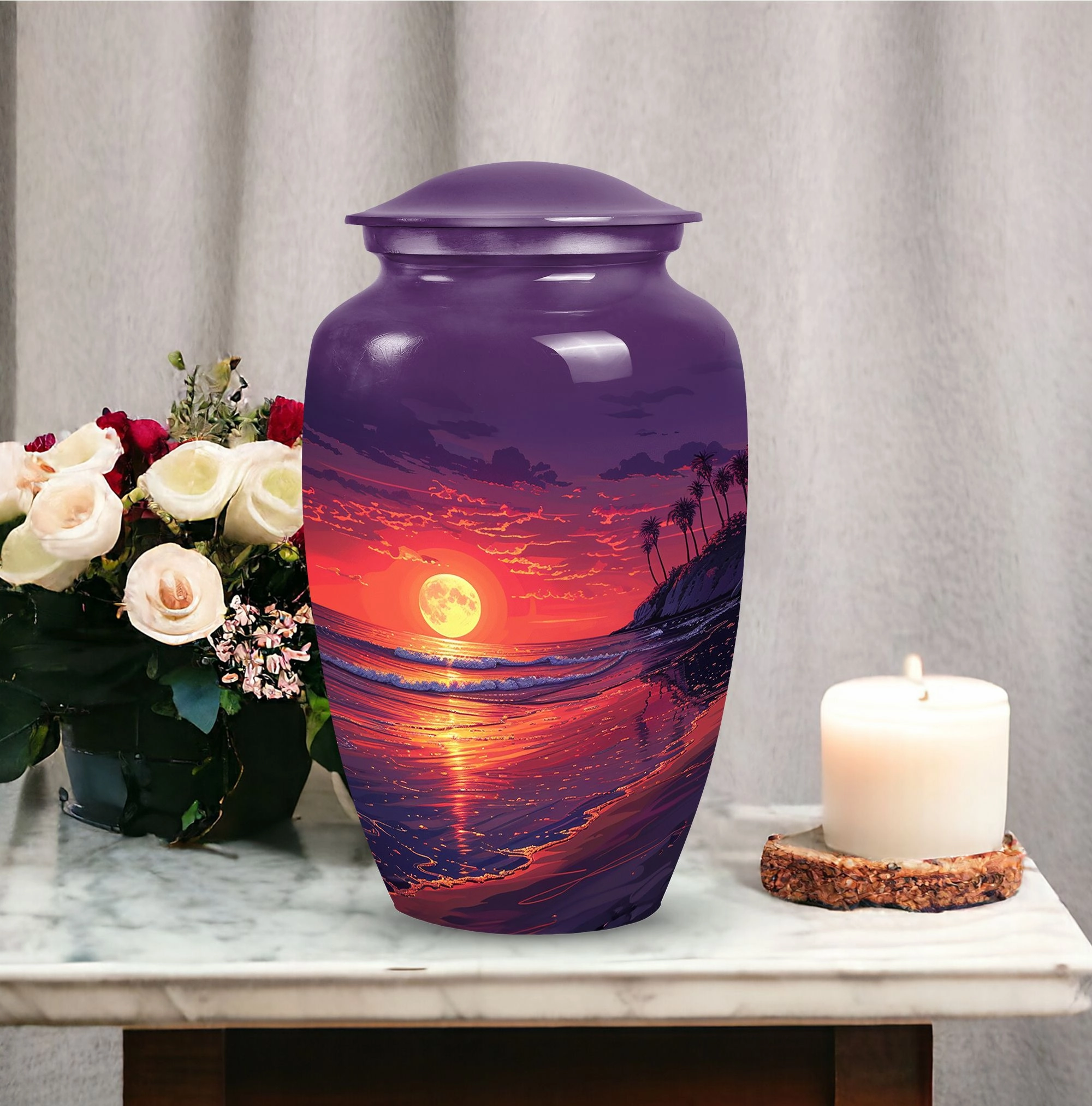 Blue Beach Funeral Urn: Large Ashes Holder for Adults