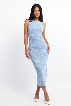 Blue Bodycon Dress Round Neck Sleeveless Burnout