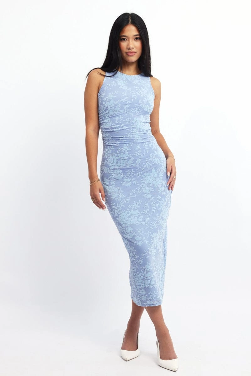 Blue Bodycon Dress Round Neck Sleeveless Burnout
