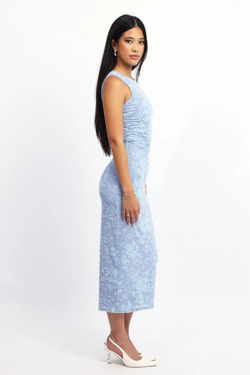 Blue Bodycon Dress Round Neck Sleeveless Burnout