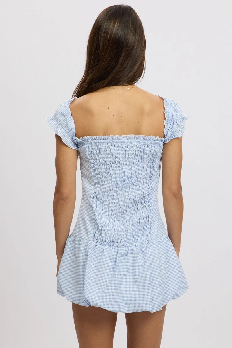 Blue Check Bubble Dress Off The Shoulder