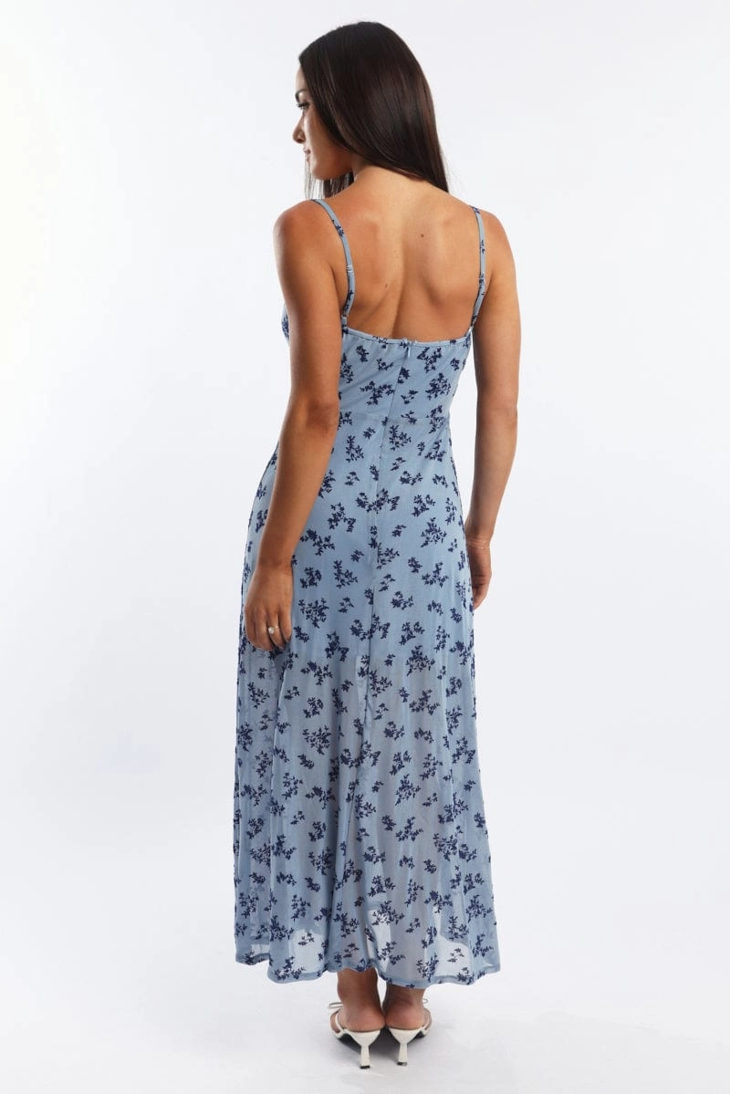 Blue Ditsy Midi Dress Gathered Bust Burn Out