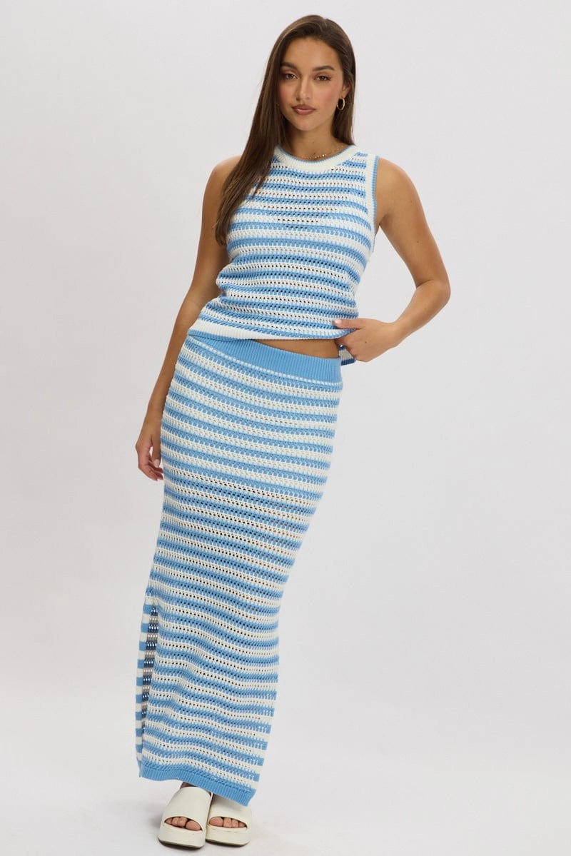 Blue Stripe Crochet Knit Vest Sleeveless