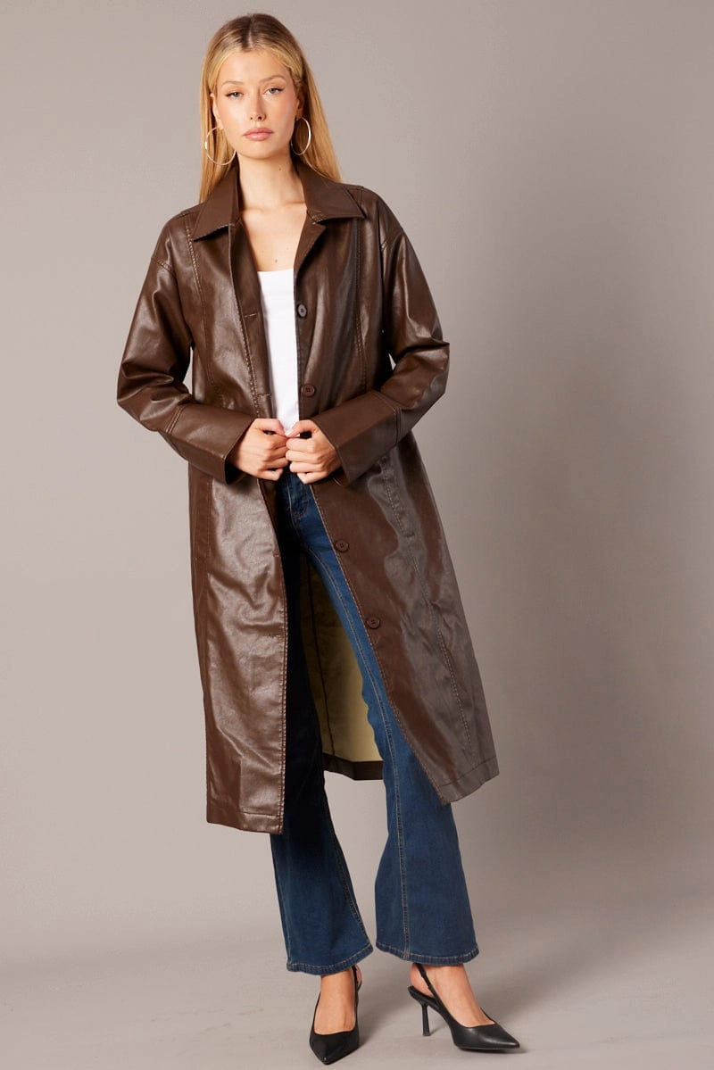 Brown Jacket Longline Collar Long Sleeve Faux Leather