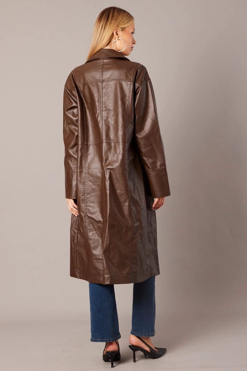 Brown Jacket Longline Collar Long Sleeve Faux Leather