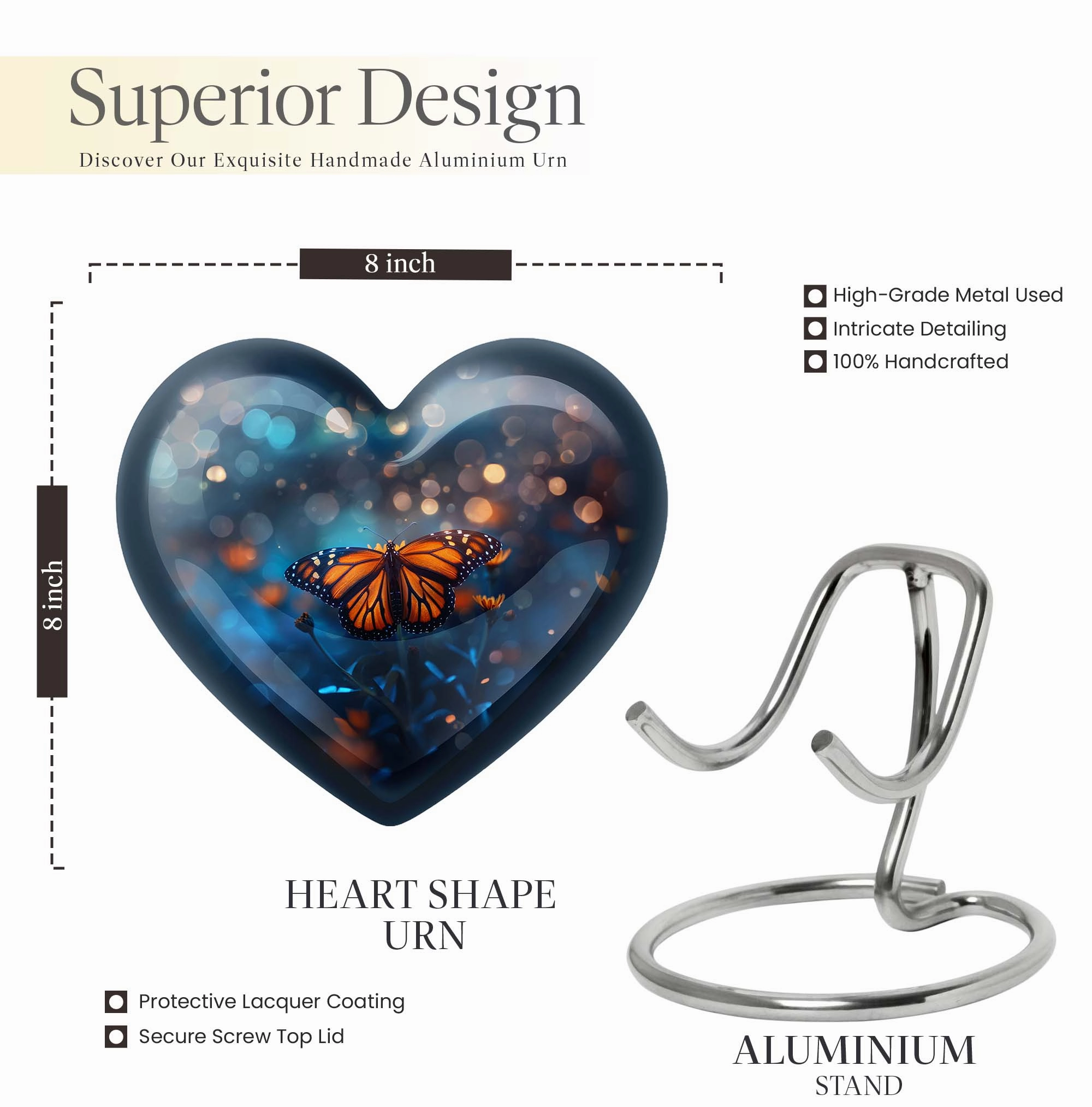 Butterfly Urn - Heart Design Memorial for Adult Human Ashes