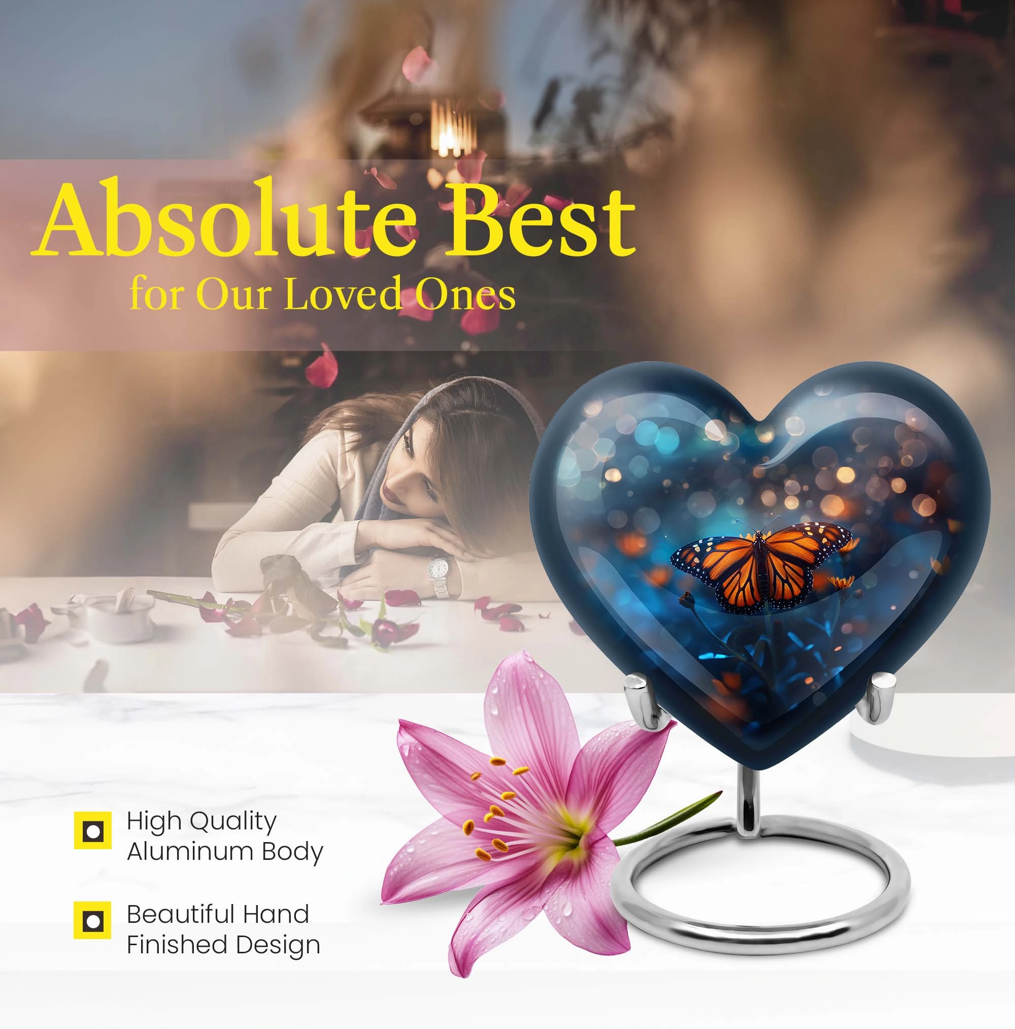 Butterfly Urn - Heart Design Memorial for Adult Human Ashes