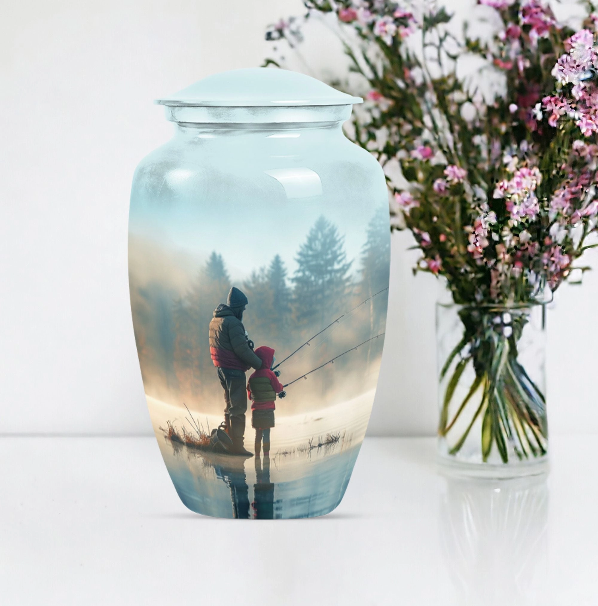 Classic Aluminium Fishing Urn, Abstract Memorial for Burial