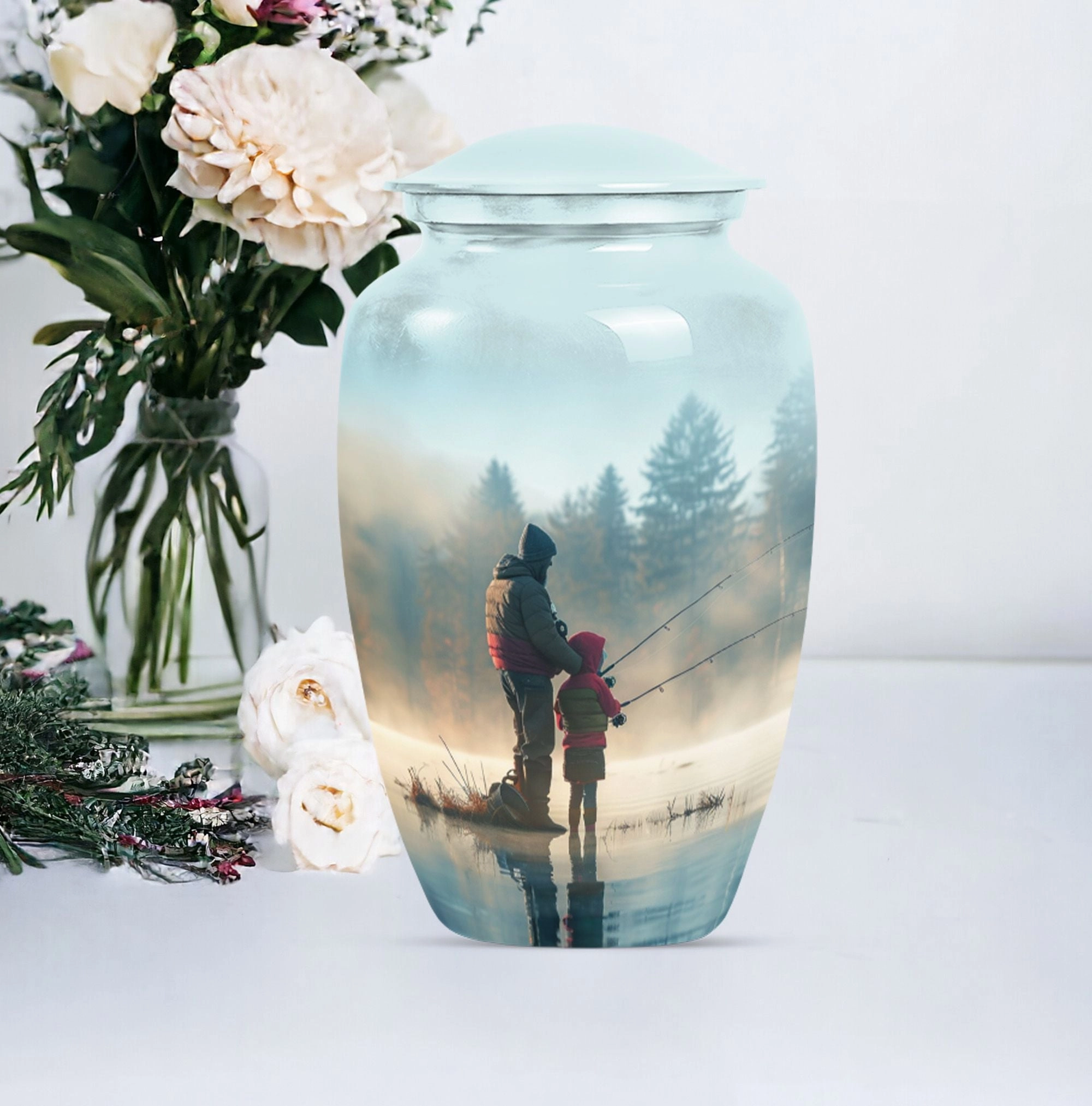 Classic Aluminium Fishing Urn, Abstract Memorial for Burial