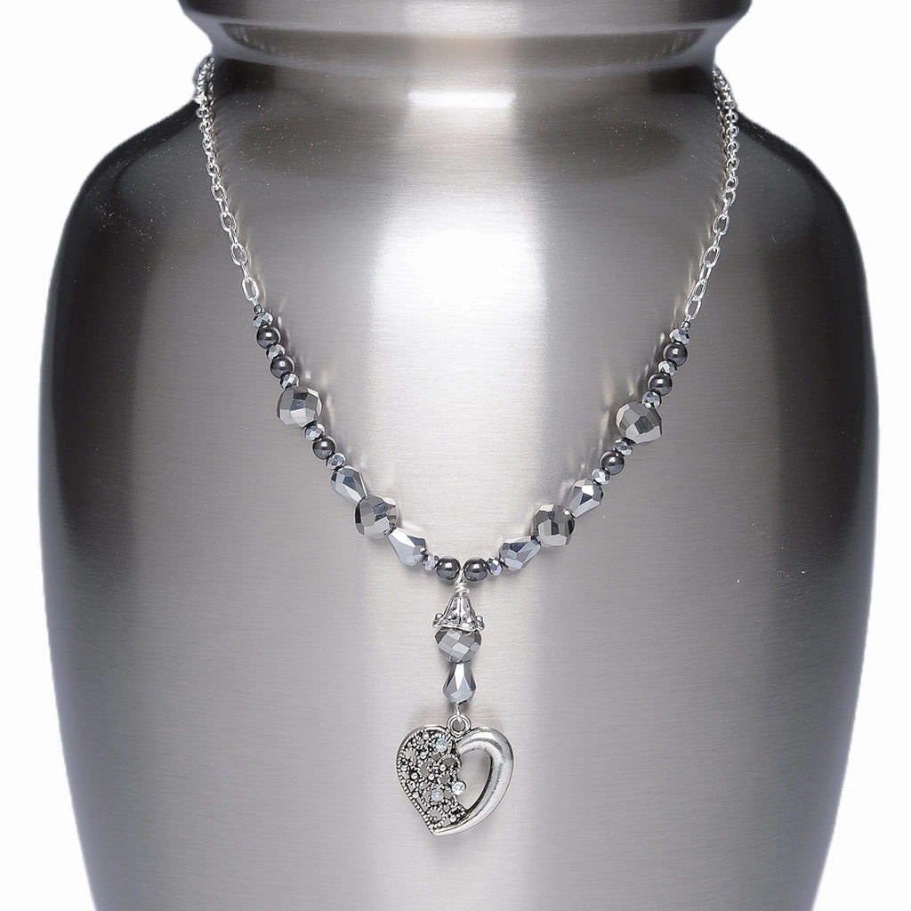 CLEARANCE - Urn Adornment  - MI-13 Hematite Beads with Silver-tone Heart