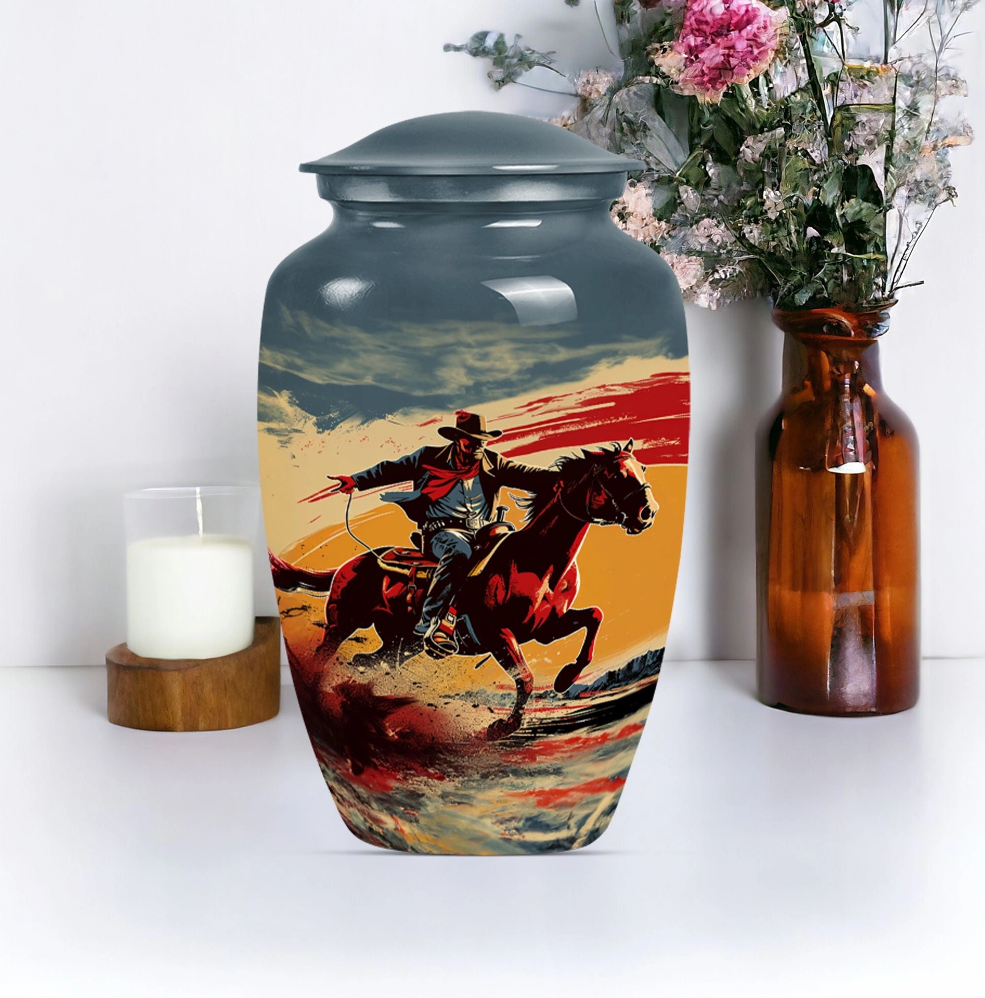 Cowboy Theme Urn - Personalized Cremation Vessel for Adult Ashes