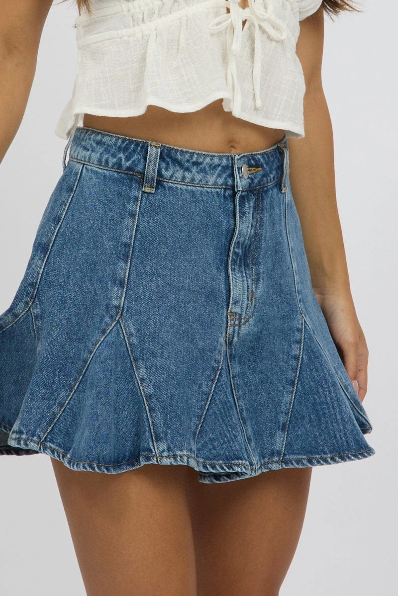 Denim Godet Mini Skirt High Rise