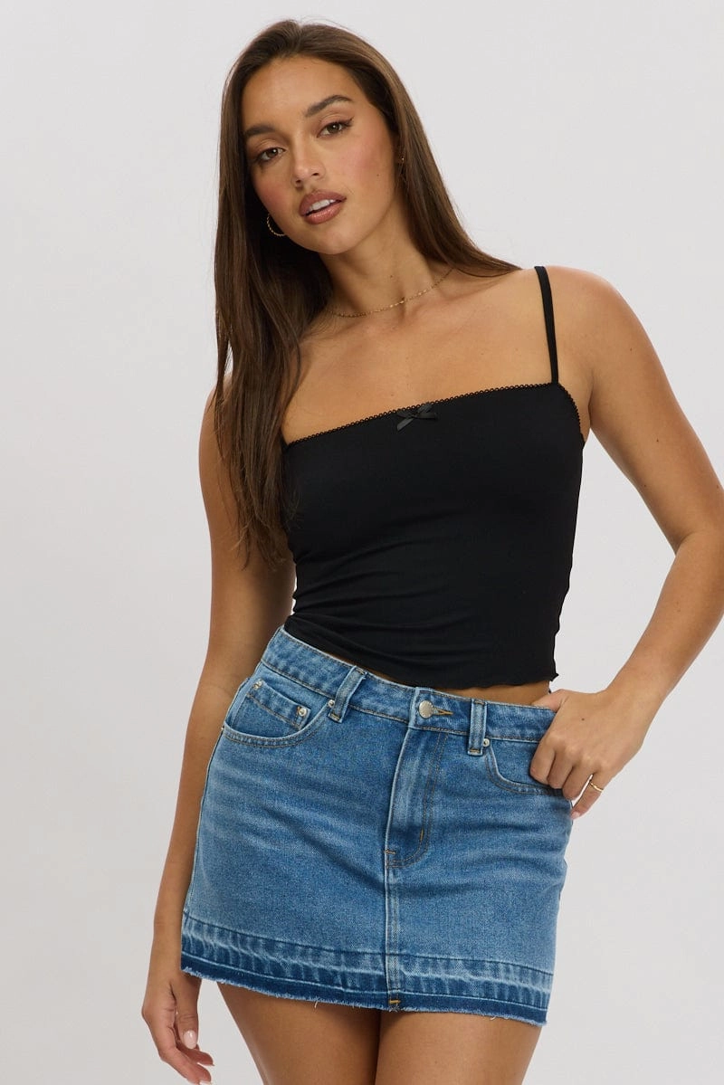 Denim Mini Skirt Mid Rise Let down Hem