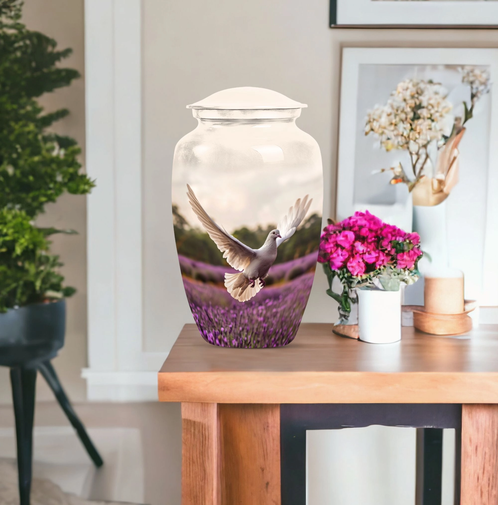Endless Flight - White Dove Cremation Urn with Purple Elegance