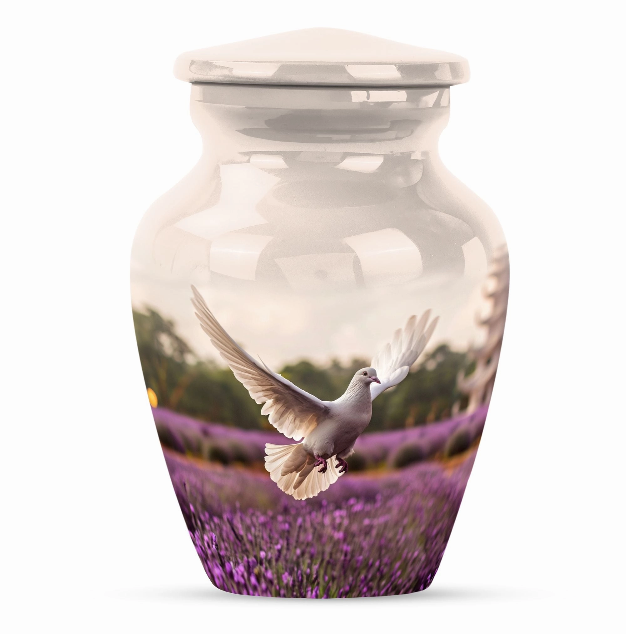 Endless Flight - White Dove Cremation Urn with Purple Elegance