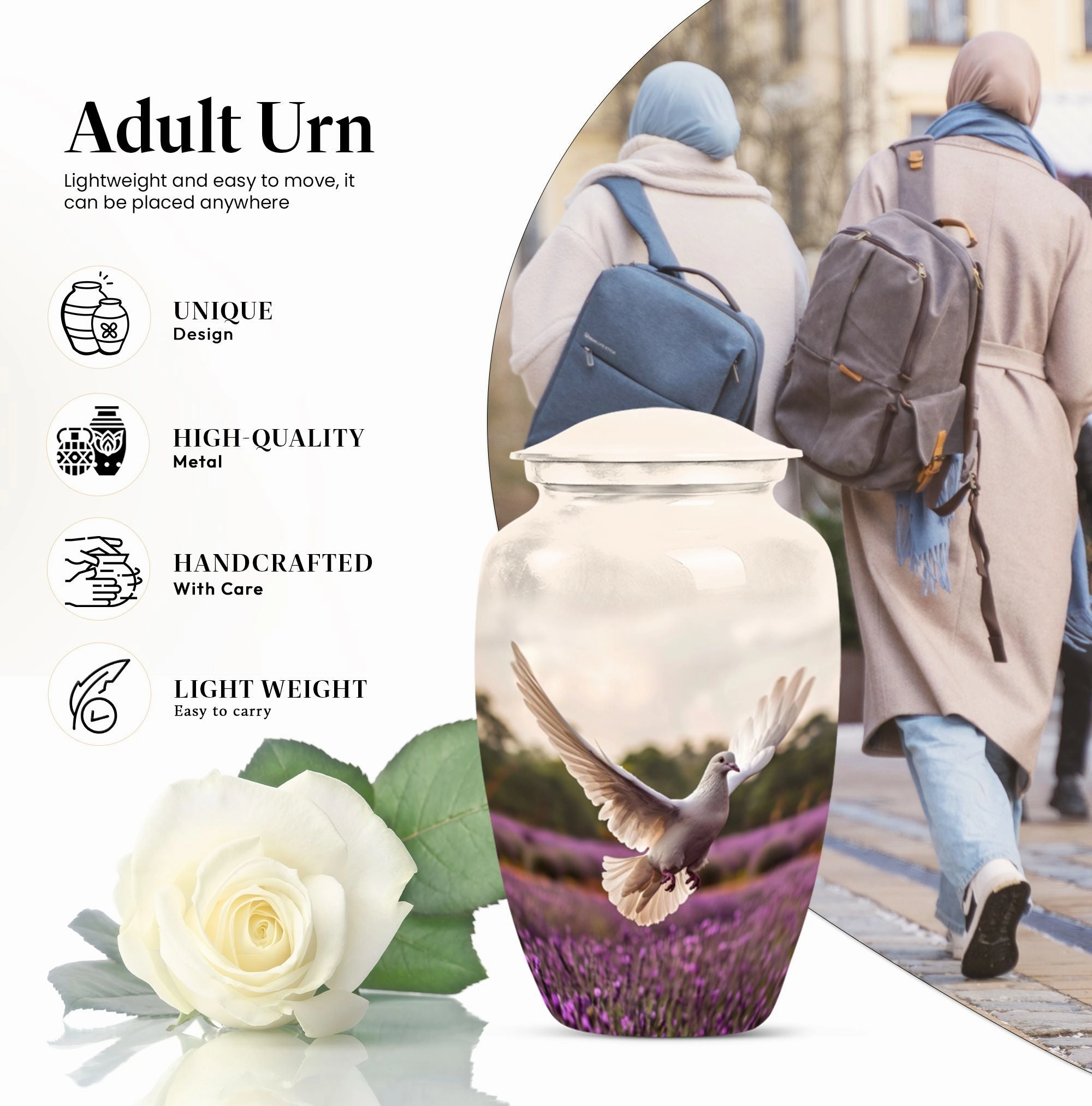 Endless Flight - White Dove Cremation Urn with Purple Elegance