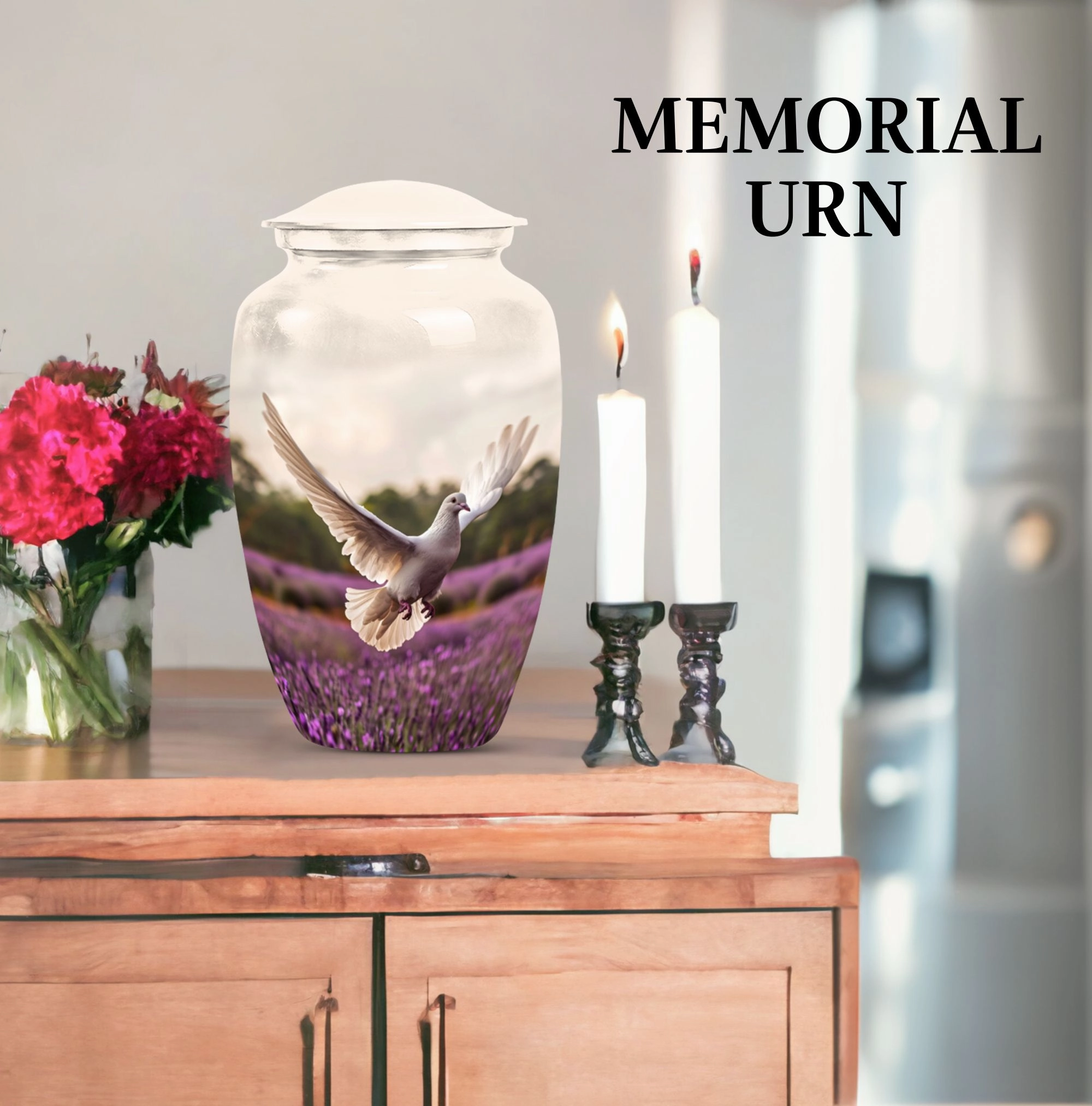 Endless Flight - White Dove Cremation Urn with Purple Elegance