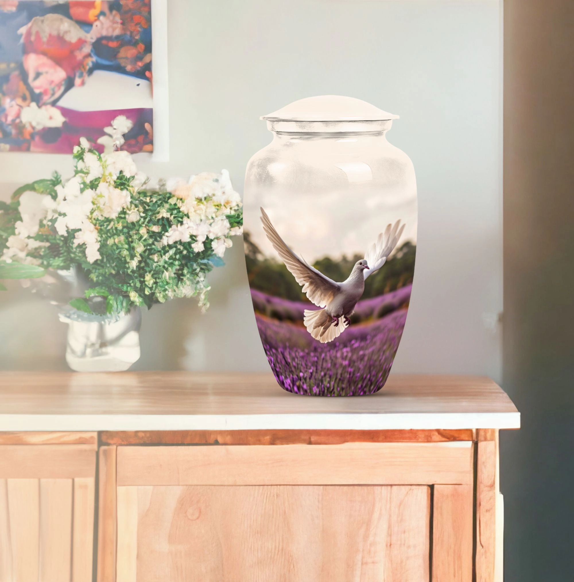Endless Flight - White Dove Cremation Urn with Purple Elegance