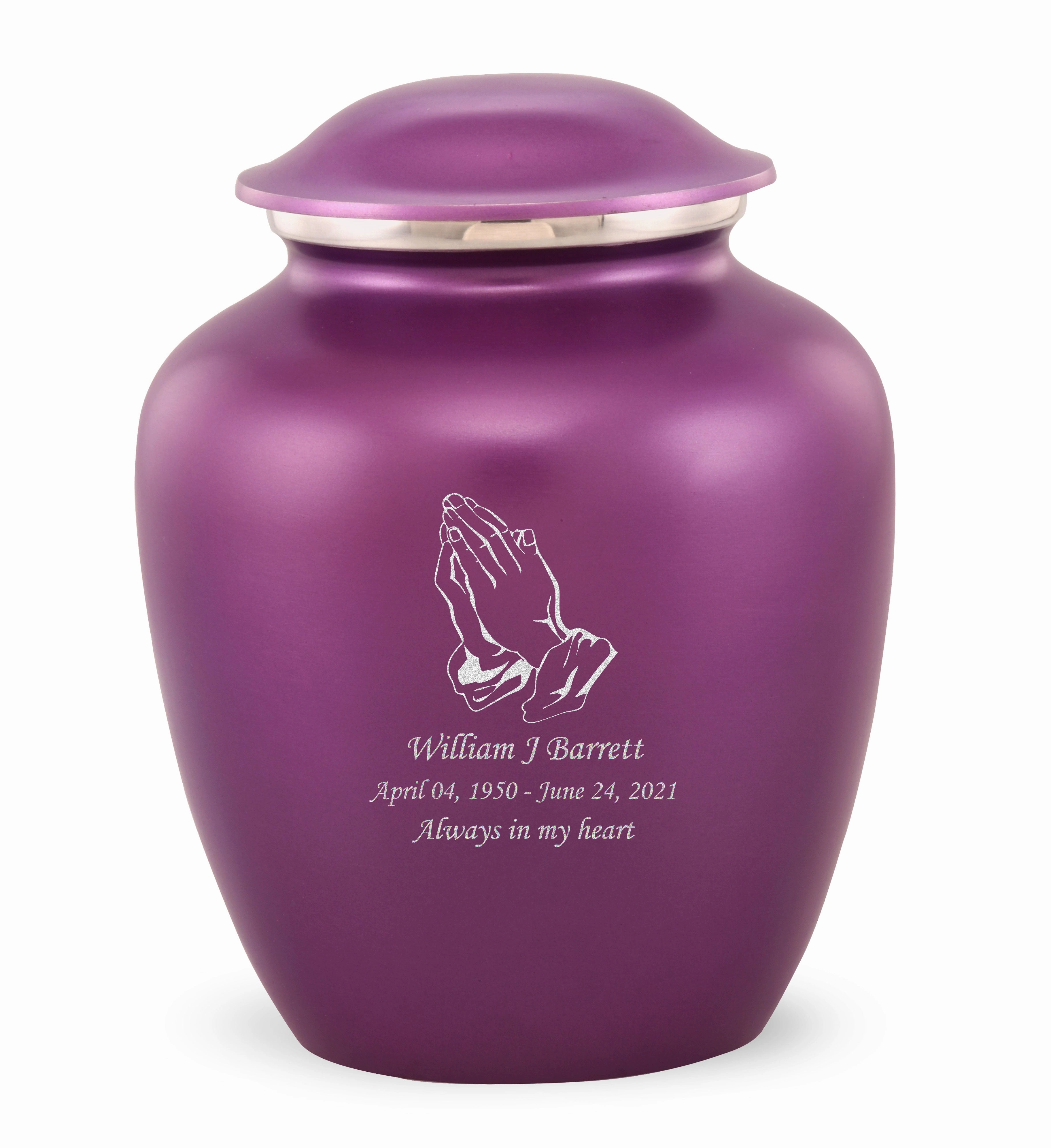 Grace Praying Hands Custom Engraved Adult Cremation Urn for Ashes in Purple