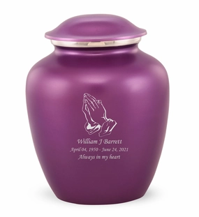 Grace Praying Hands Custom Engraved Adult Cremation Urn for Ashes in Purple